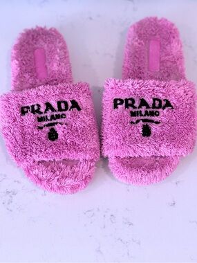 Prada Pink Fuzzy Slide Sandals with Black Logo